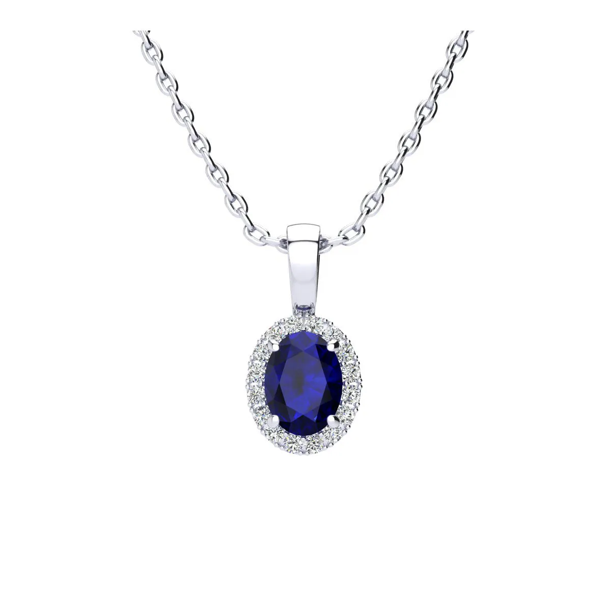 1 Carat Oval Shape Sapphire And Halo Diamond Necklace In 14 Karat White Gold With 18 Inch Chain