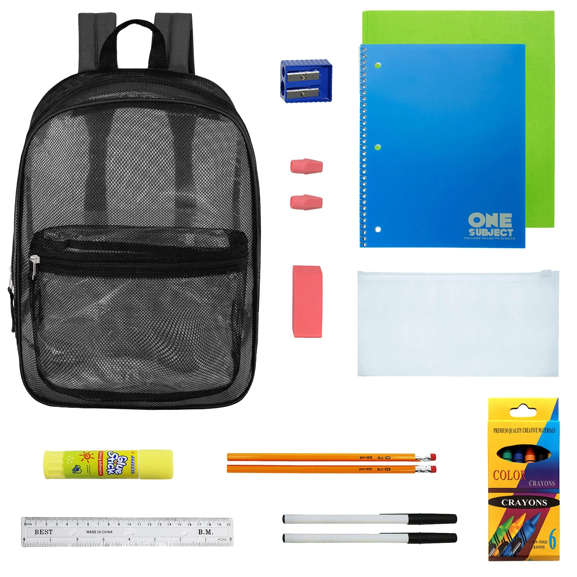 12 Wholesale 17" Mesh Backpacks in Black & 12 Bulk School Supply Kits of Your Choice