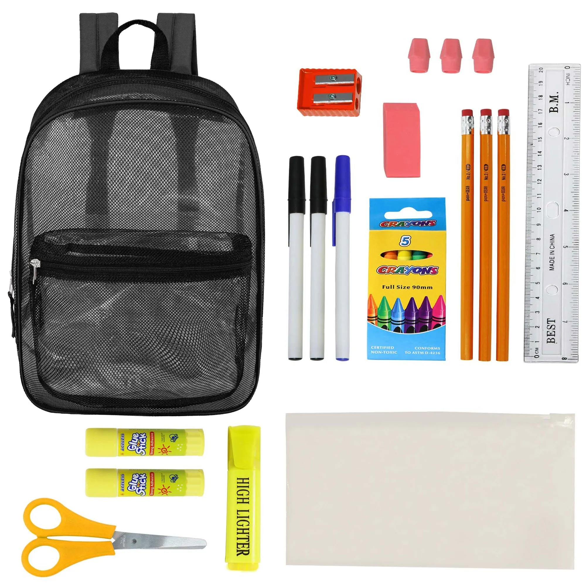 12 Wholesale 17" Mesh Backpacks in Black & 12 Bulk School Supply Kits of Your Choice