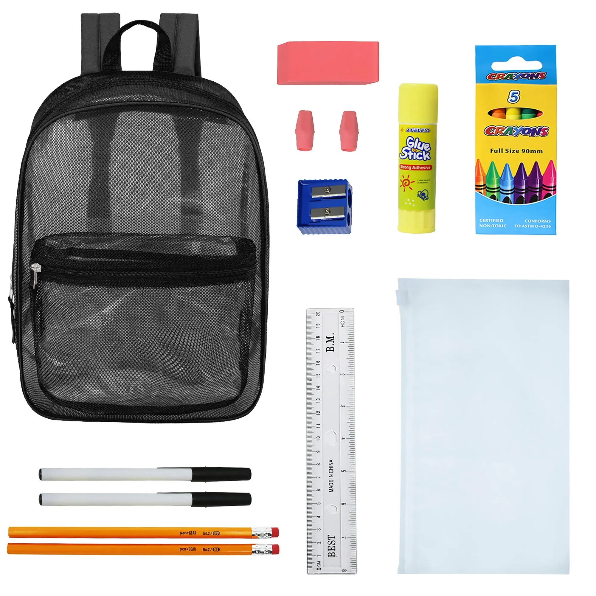 12 Wholesale 17" Mesh Backpacks in Black & 12 Bulk School Supply Kits of Your Choice