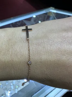 14K Gold Bezel Diamond By the Yard Bracelet with Cross