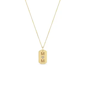 14k MOM with Pavé Diamond Heart X-Small Dog Tag Necklace