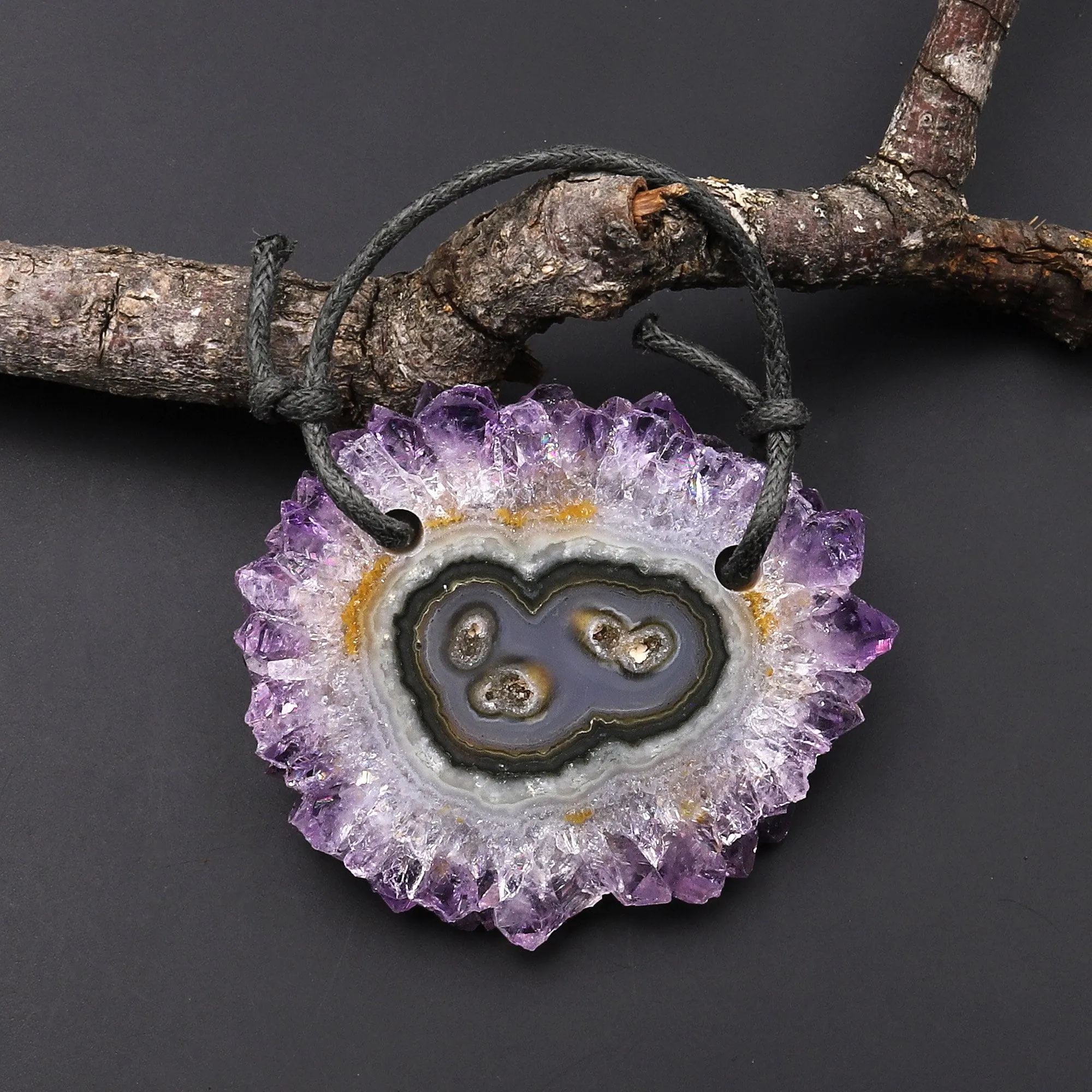 2 Hole Pendant Natural Amethyst Stalactite Flower Pendant Flat Slice Freeform One of a Kind P0088