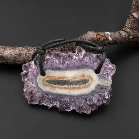 2 Hole Pendant Natural Amethyst Stalactite Flower Pendant Flat Slice Freeform One of a Kind P0143