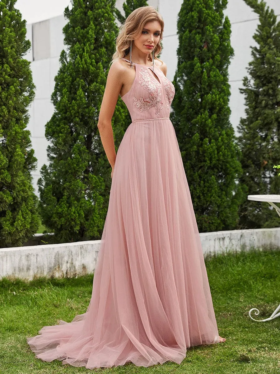 A-Line Halter Neck Applique Wedding Dress with Tulle