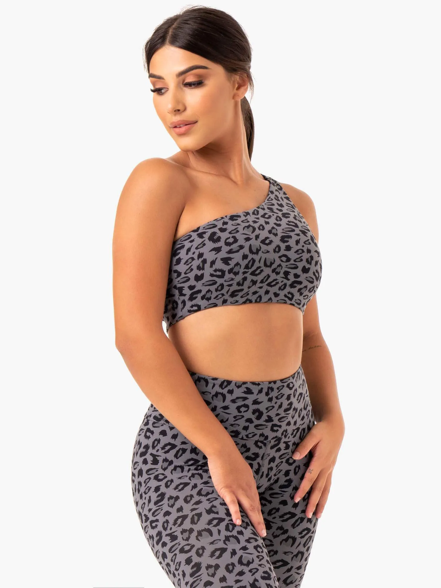 Adapt One Shoulder Sports Bra - Grey Leopard