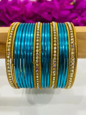 Appealing Sky Blue Color Beads Studded Thin Metal Bangle Sets