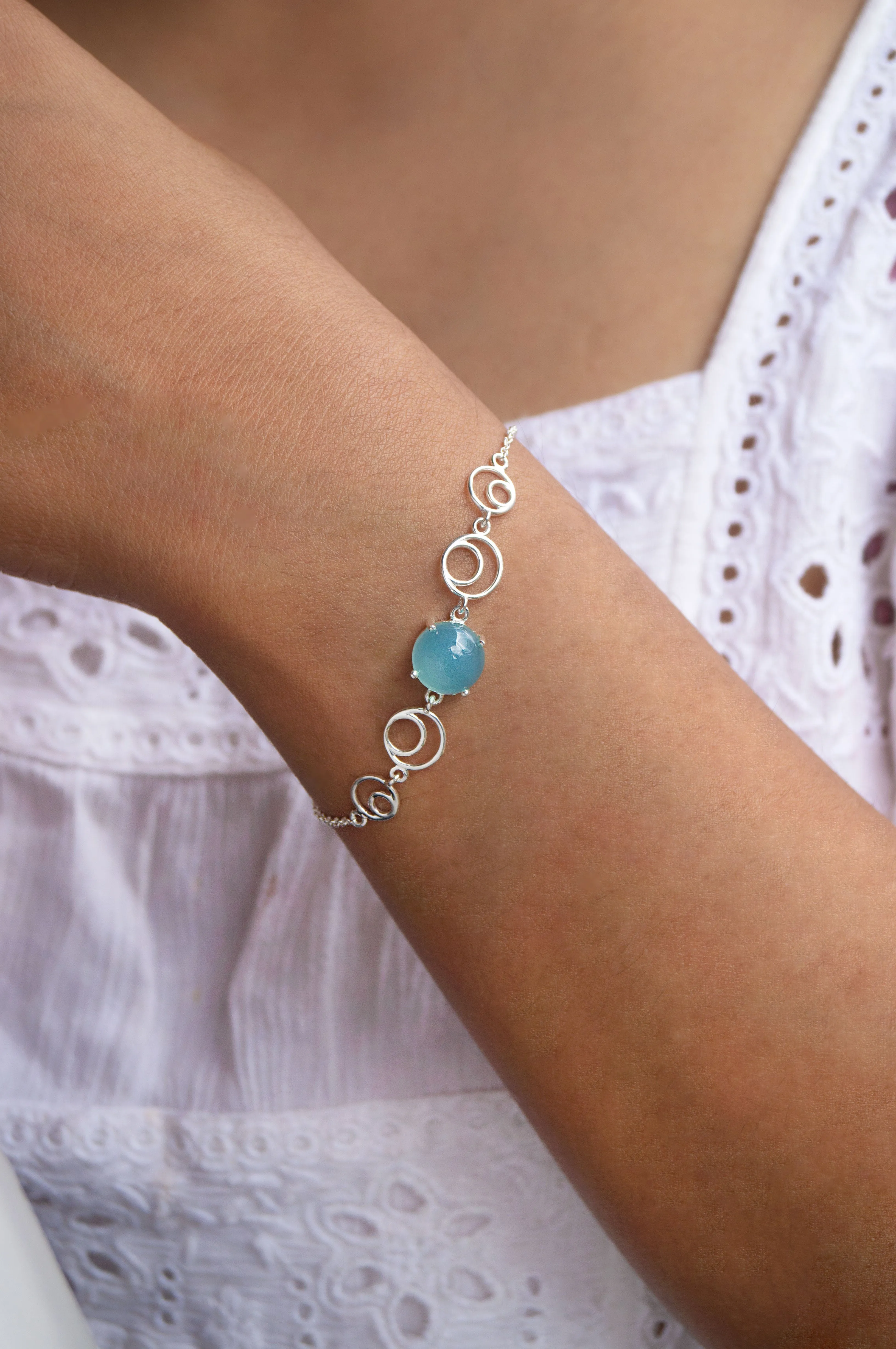 Aqua Circle Game Sterling Silver Chain Bracelet