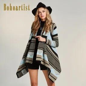 Autumn Winter Warm Poncho Shawls Geometric Vintage Blanket Women's Lady Knit Shawl Cape  Gray Blue Stripe Patchwork Long Sleeve