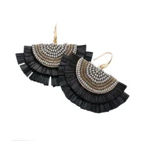 Bead Embellished Raffia Fringe Dangle Earrings