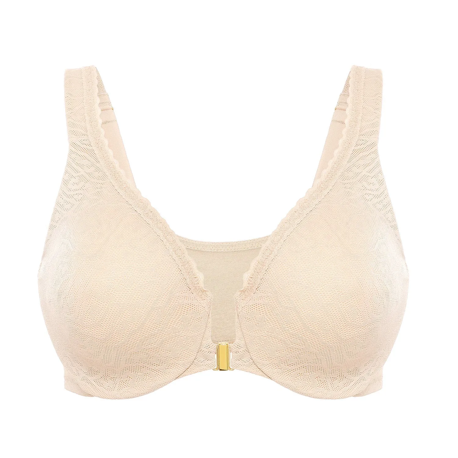 Beige Mesh Lace Front Closure Unlined Full Coverage Bra for Women