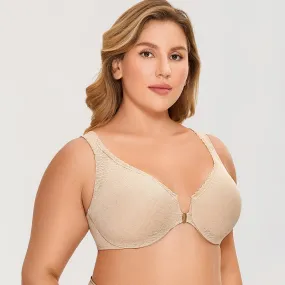 Beige Mesh Lace Front Closure Unlined Full Coverage Bra for Women