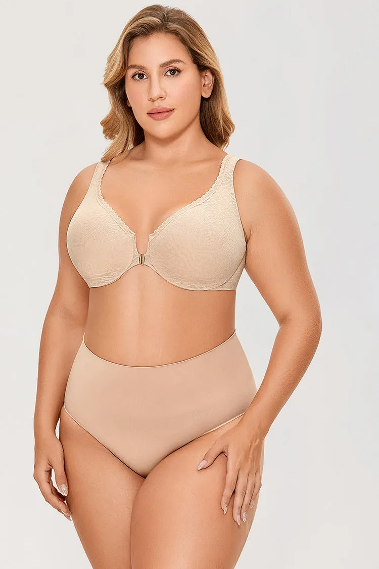 Beige Mesh Lace Front Closure Unlined Full Coverage Bra for Women