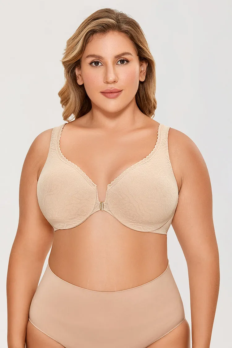 Beige Mesh Lace Front Closure Unlined Full Coverage Bra for Women