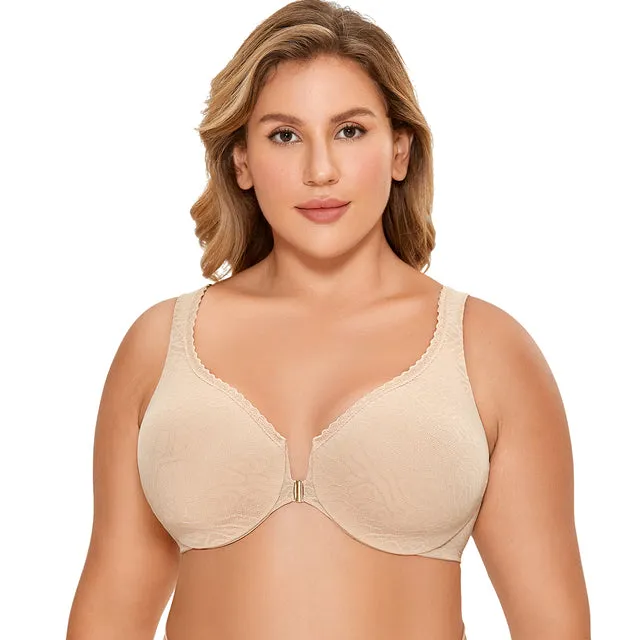 Beige Mesh Lace Front Closure Unlined Full Coverage Bra for Women