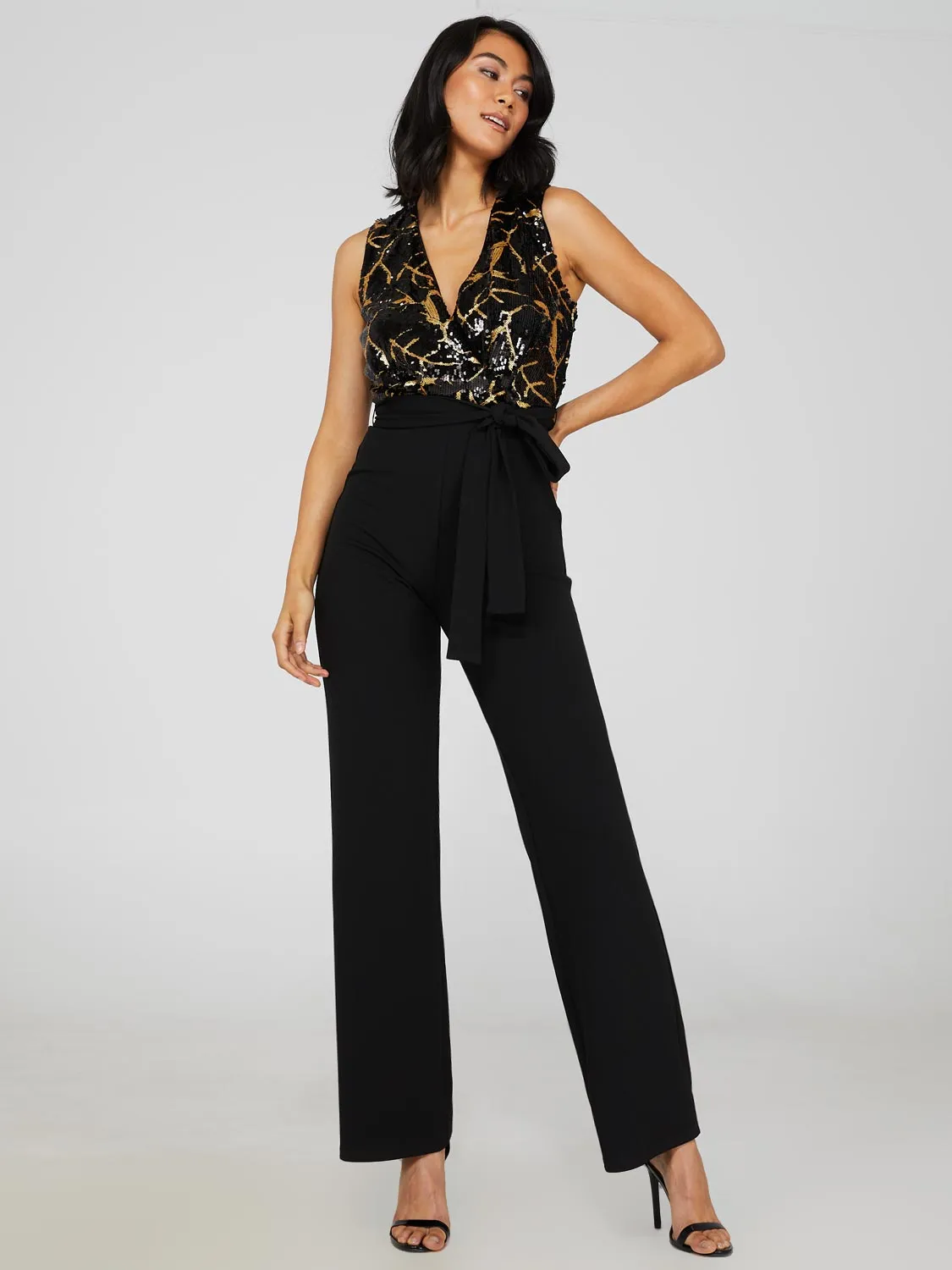 Black & Gold Sequin Wide Leg Jumpsuit