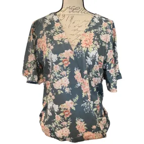 Bloomchic Short Sleeve Green Pink Floral V Neck Wrap Shirt Size 10