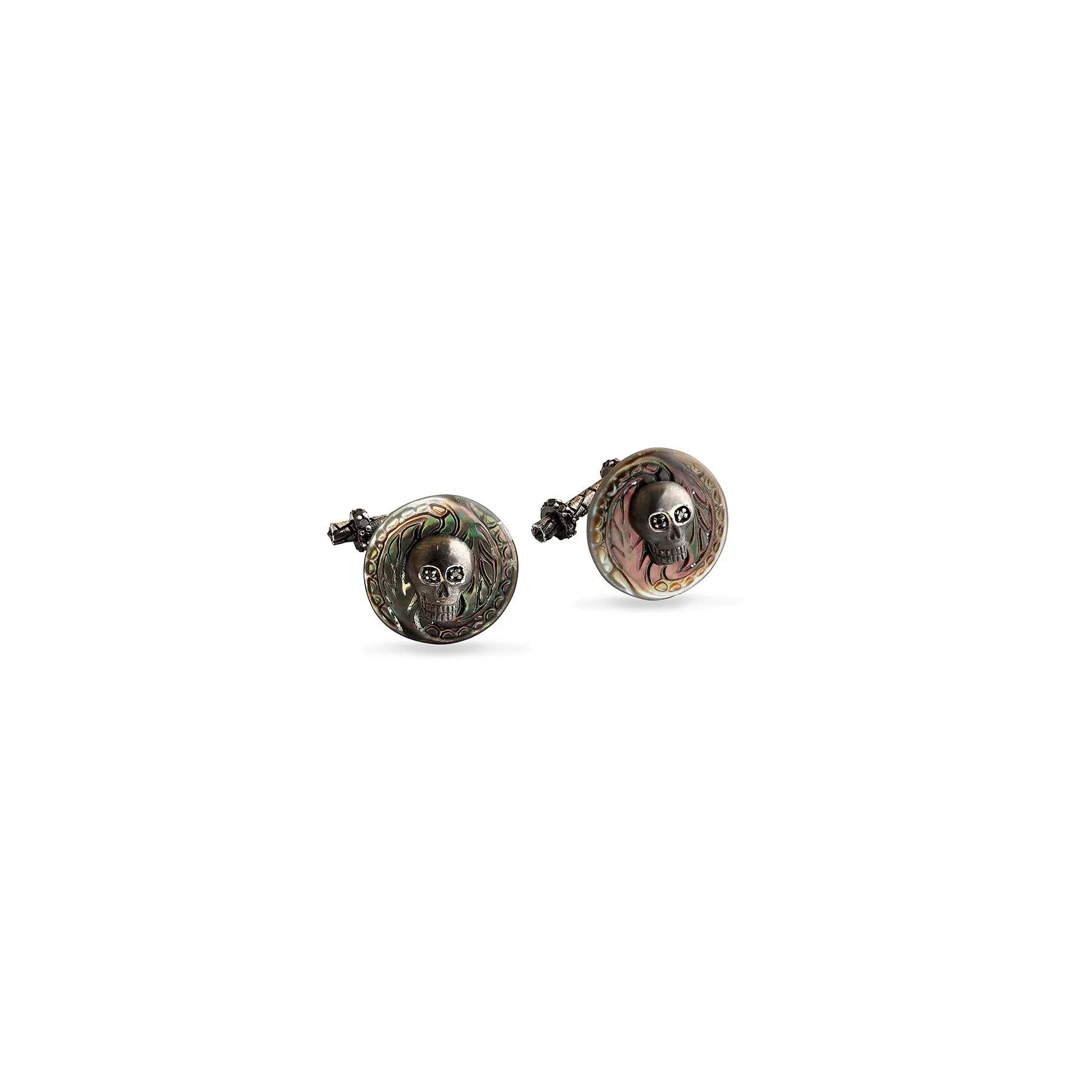 CARVED MOTHER OF PEARL SKULL CUFFLINKS WITH DIAMONDS