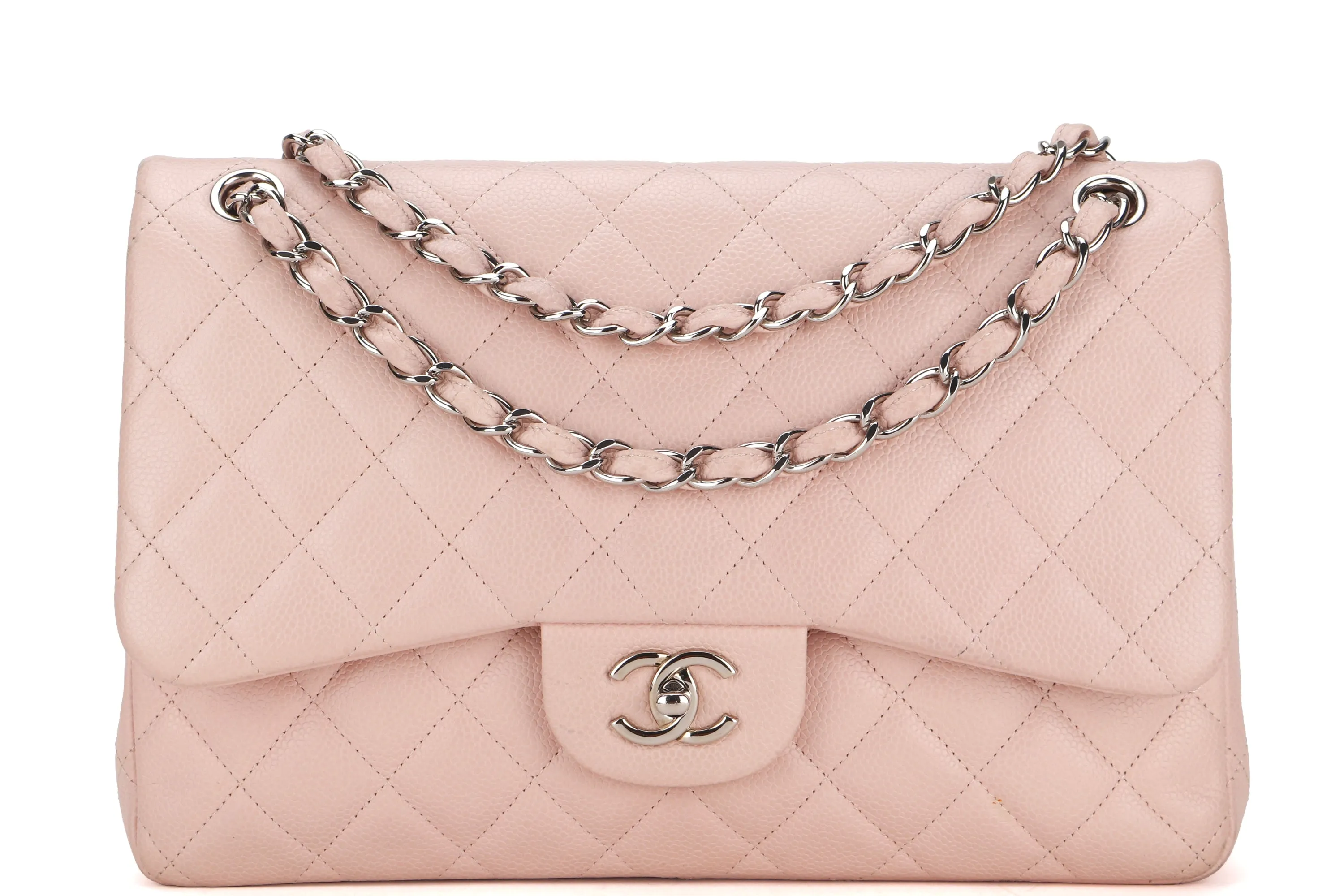 CHANEL DOUBLE FLAP BAG (1893xxxx) JUMBO LIGHT PINK CAVIAR LEATHER SILVER HARDWARE, WITH DUST COVER, NO CARD