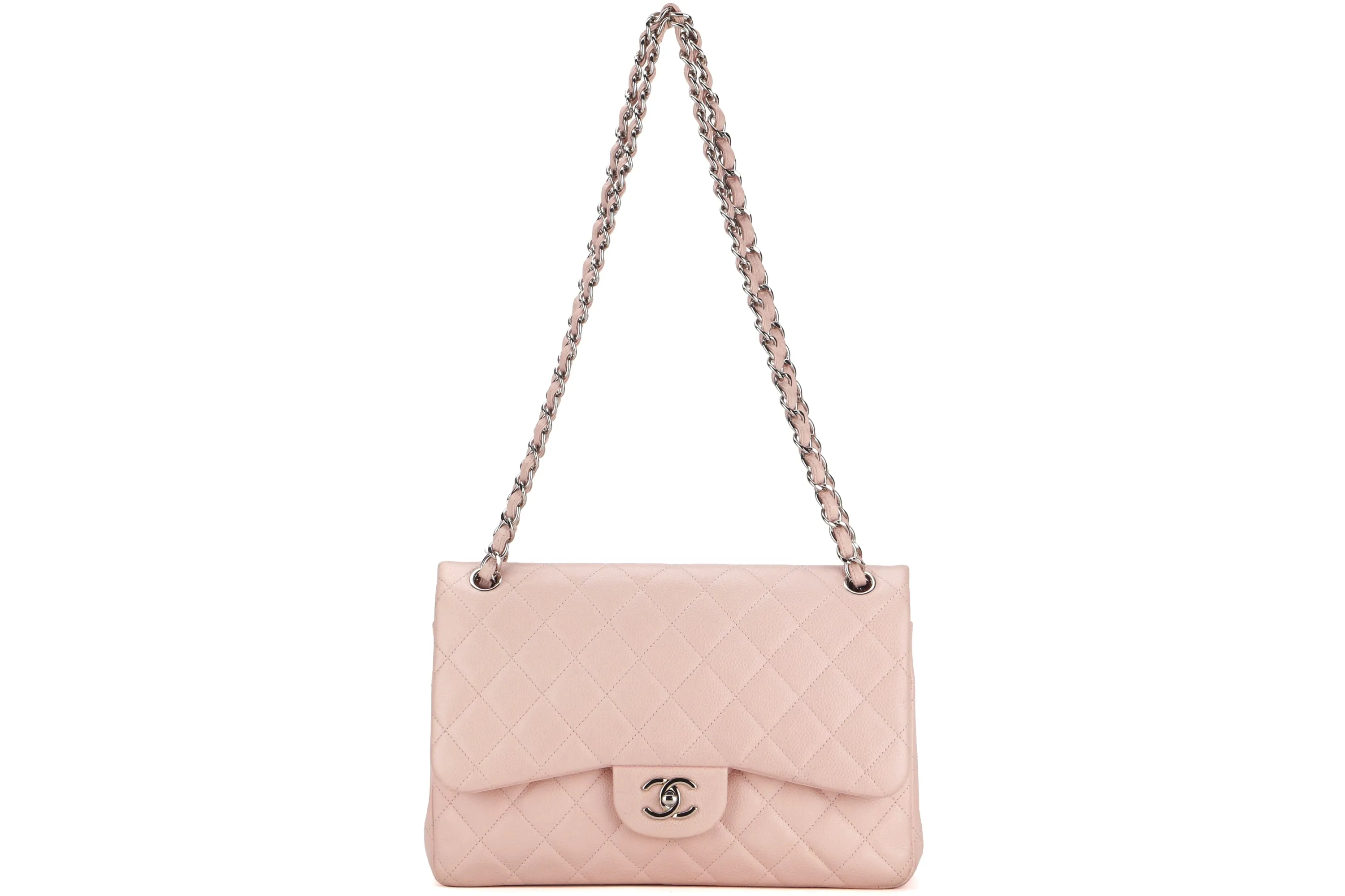 CHANEL DOUBLE FLAP BAG (1893xxxx) JUMBO LIGHT PINK CAVIAR LEATHER SILVER HARDWARE, WITH DUST COVER, NO CARD