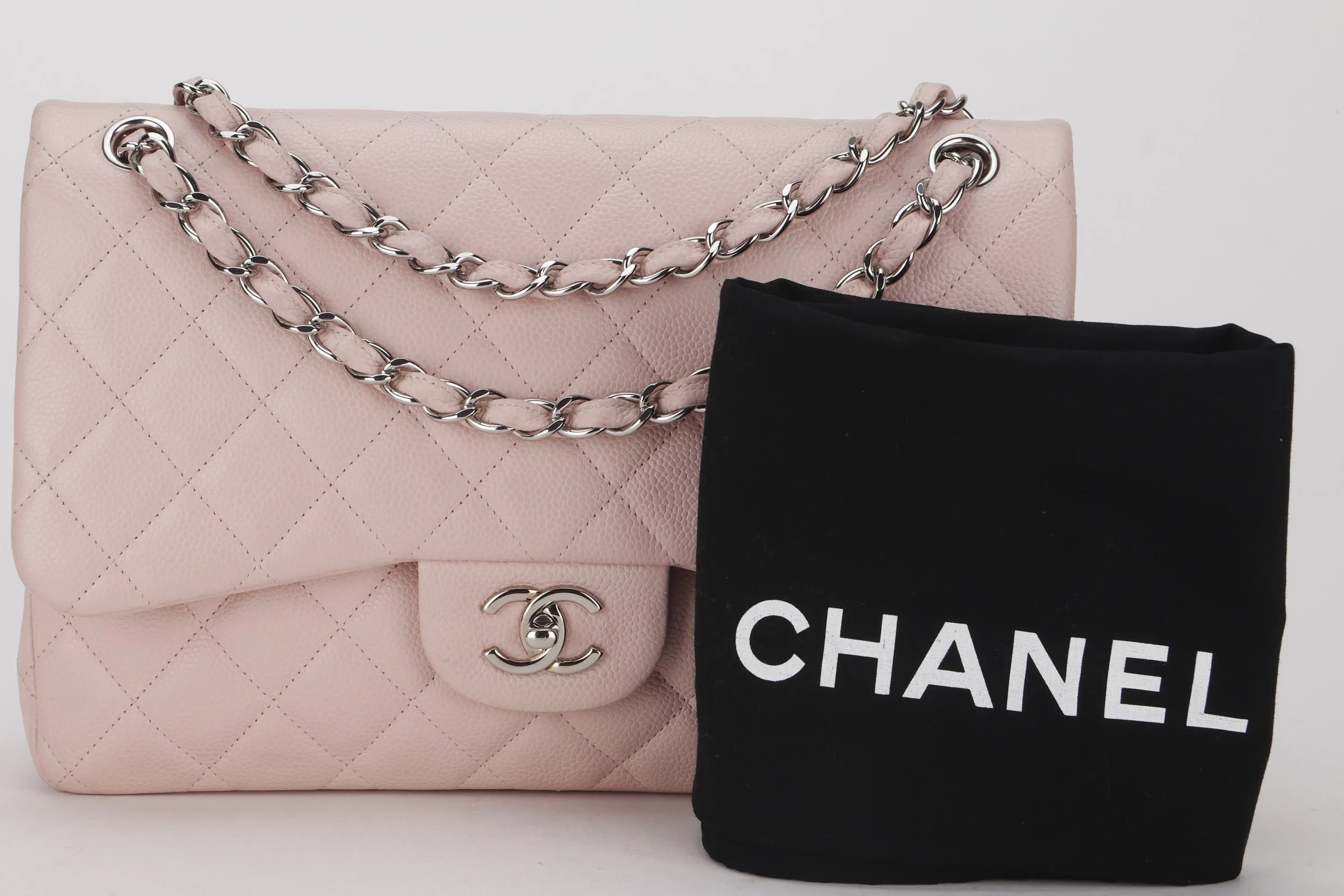 CHANEL DOUBLE FLAP BAG (1893xxxx) JUMBO LIGHT PINK CAVIAR LEATHER SILVER HARDWARE, WITH DUST COVER, NO CARD