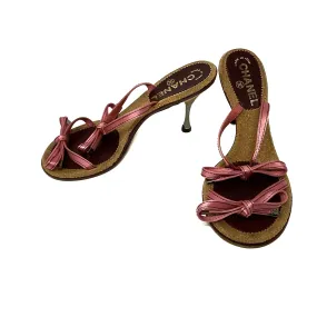 CHANEL Pink Satin Strappy Bow Mid Heel Cork Sandals 37.5 | 7