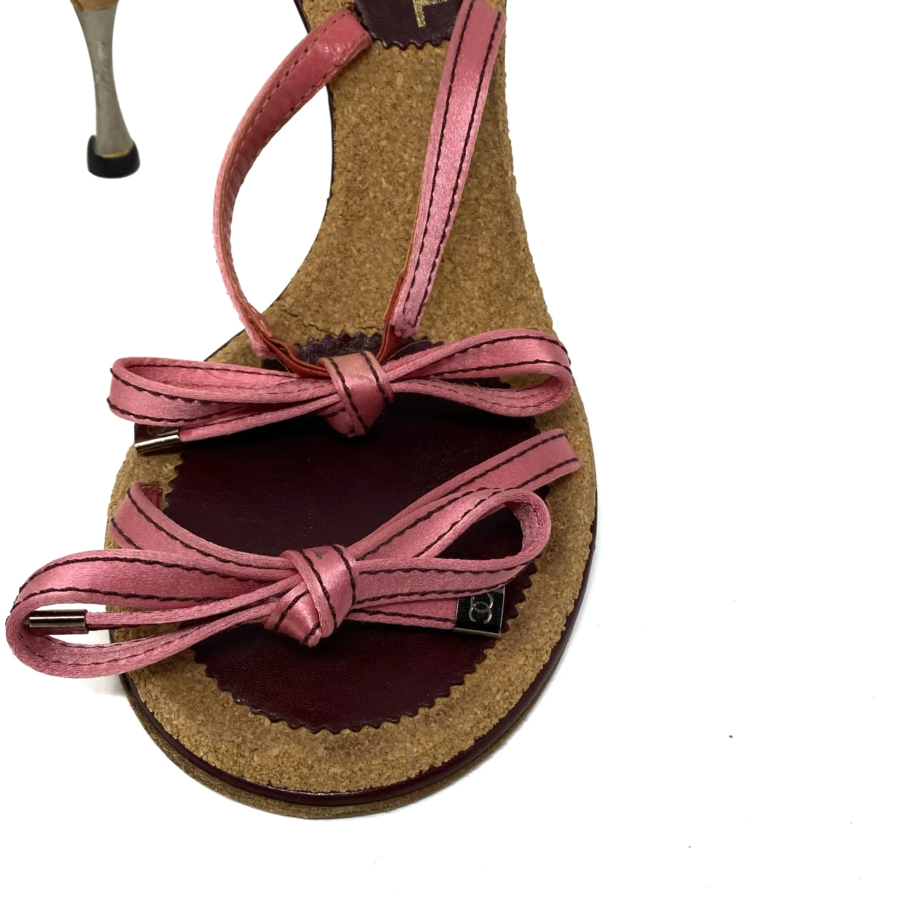 CHANEL Pink Satin Strappy Bow Mid Heel Cork Sandals 37.5 | 7