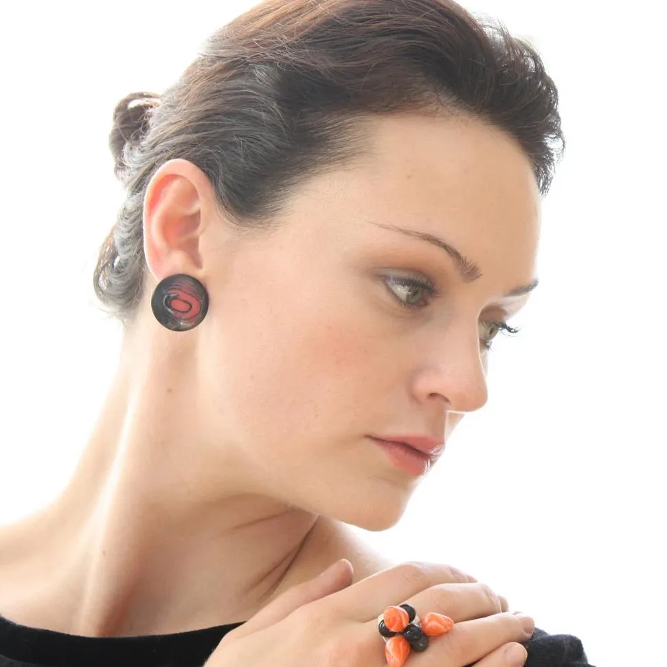 Coral Orange & Black Marbled Lucite Disc Stud Earrings