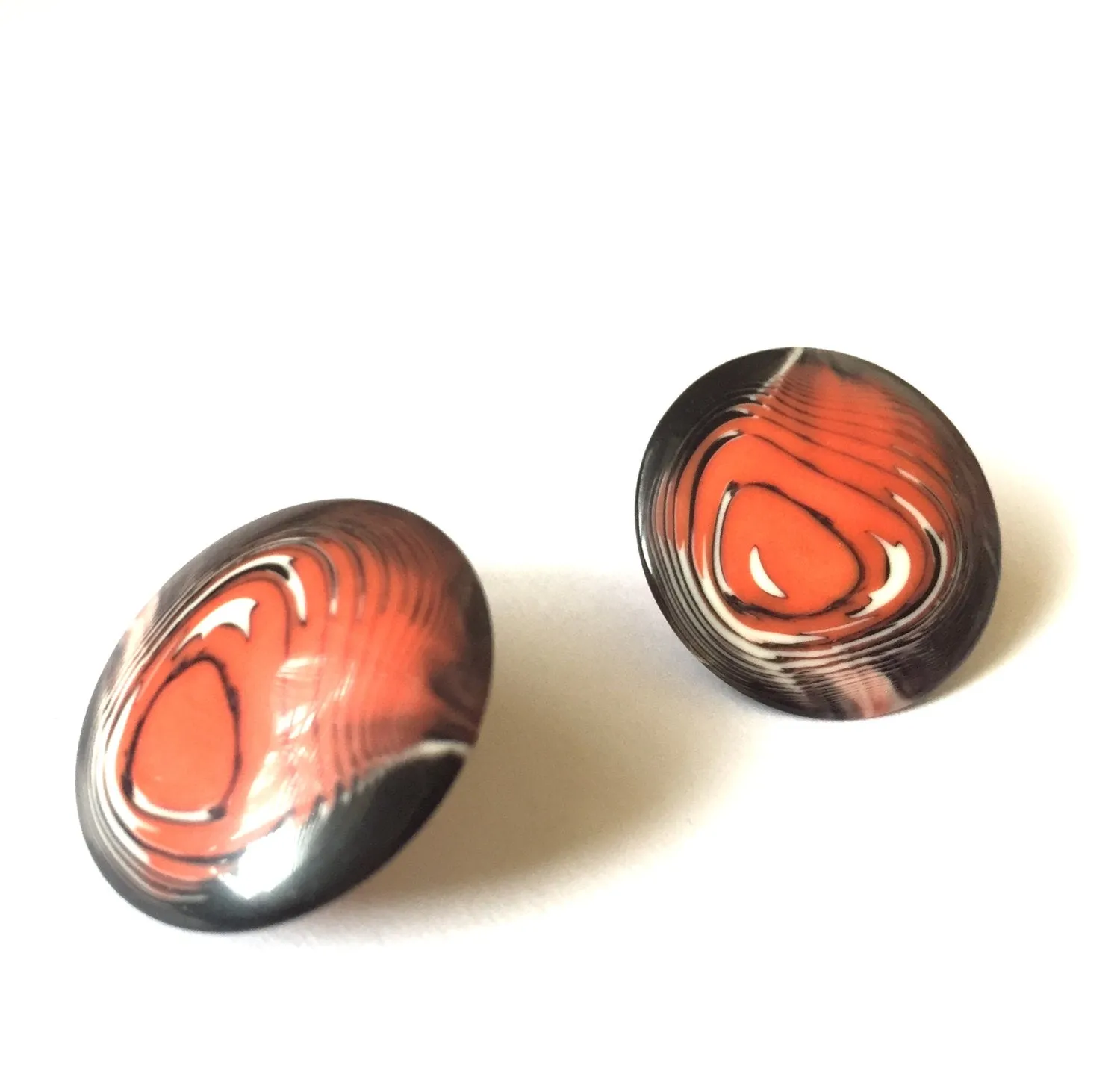 Coral Orange & Black Marbled Lucite Disc Stud Earrings