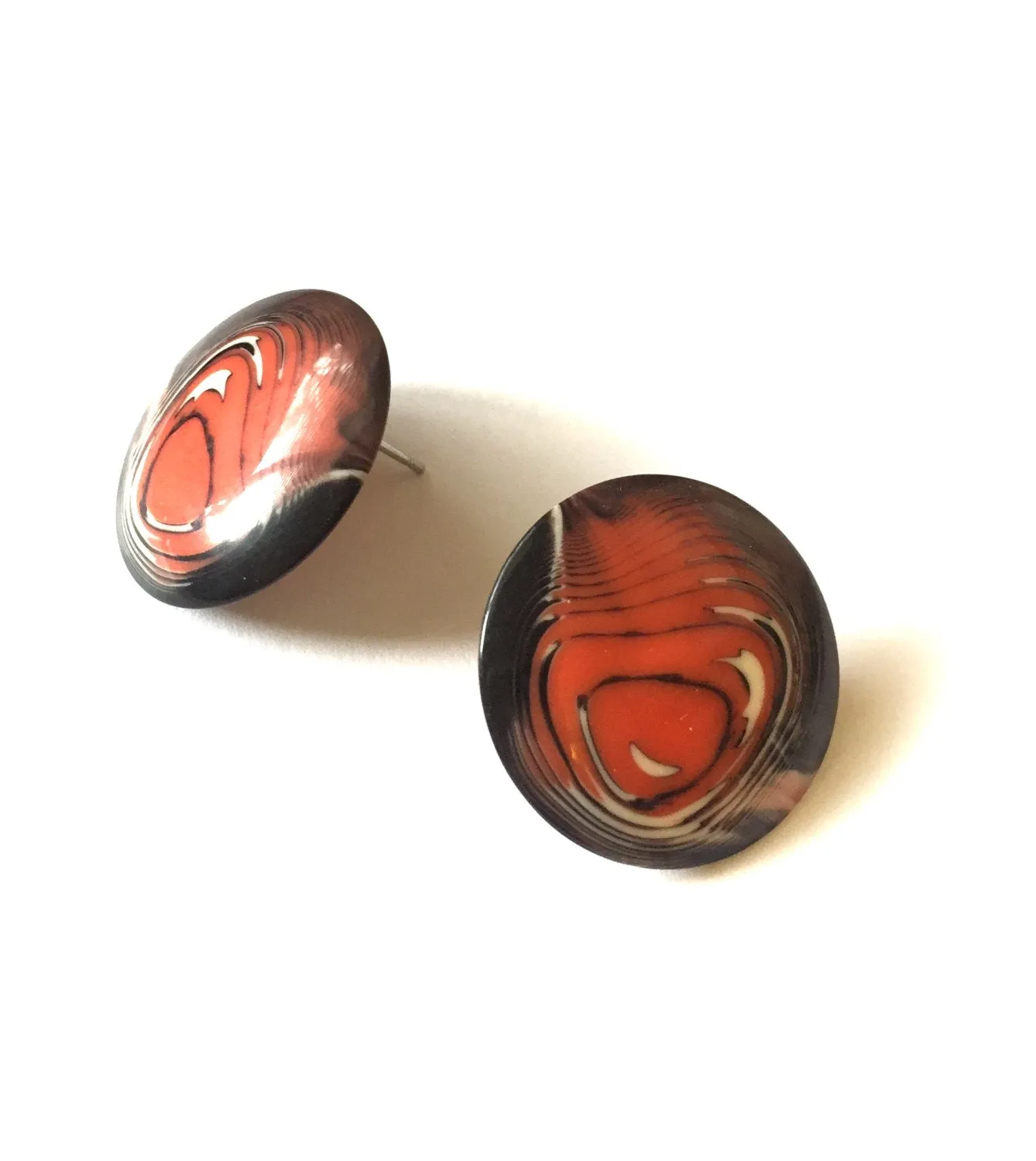 Coral Orange & Black Marbled Lucite Disc Stud Earrings