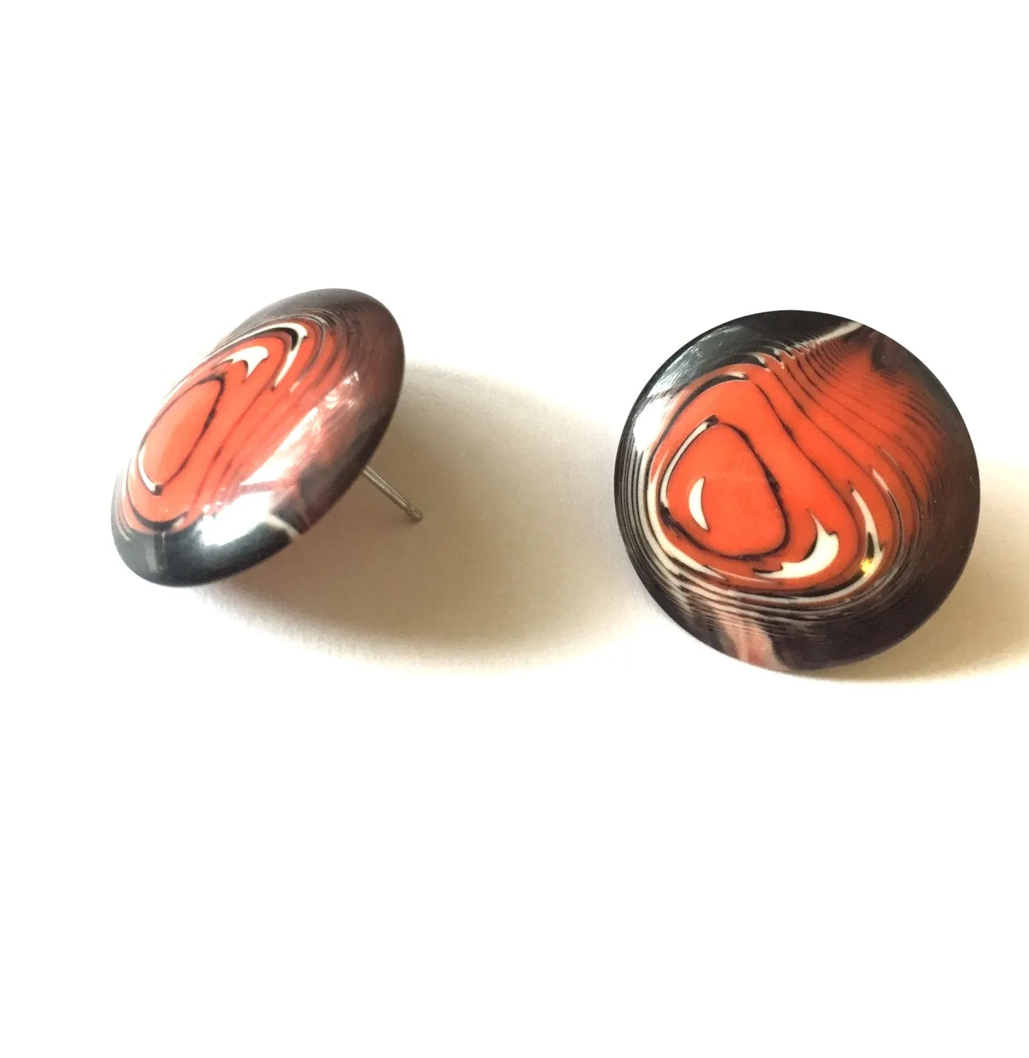 Coral Orange & Black Marbled Lucite Disc Stud Earrings