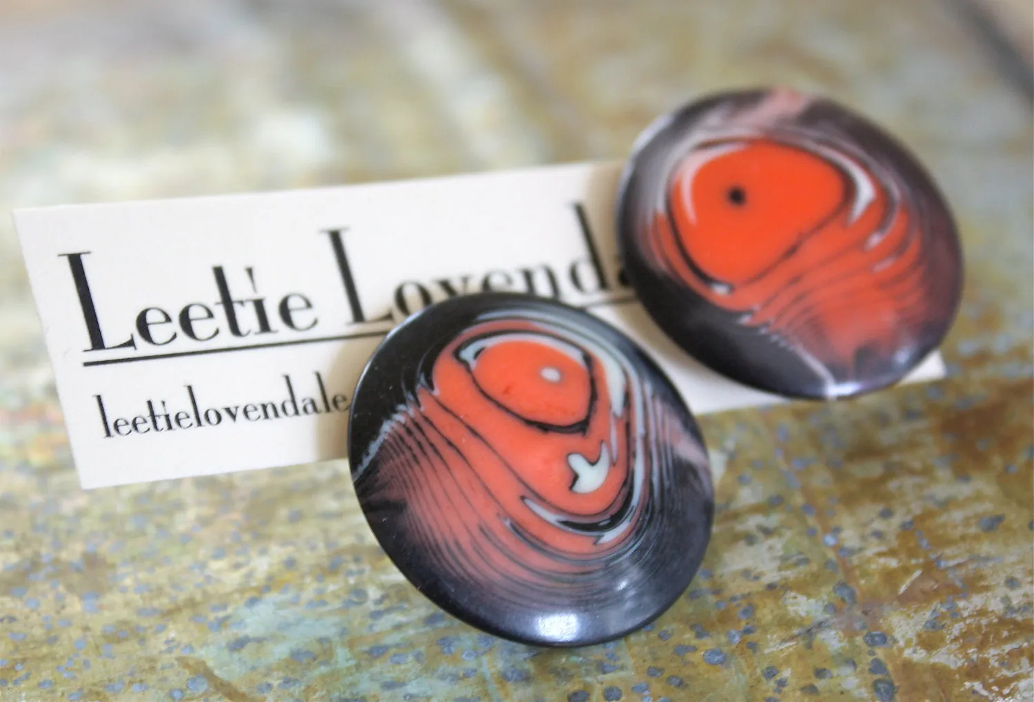 Coral Orange & Black Marbled Lucite Disc Stud Earrings