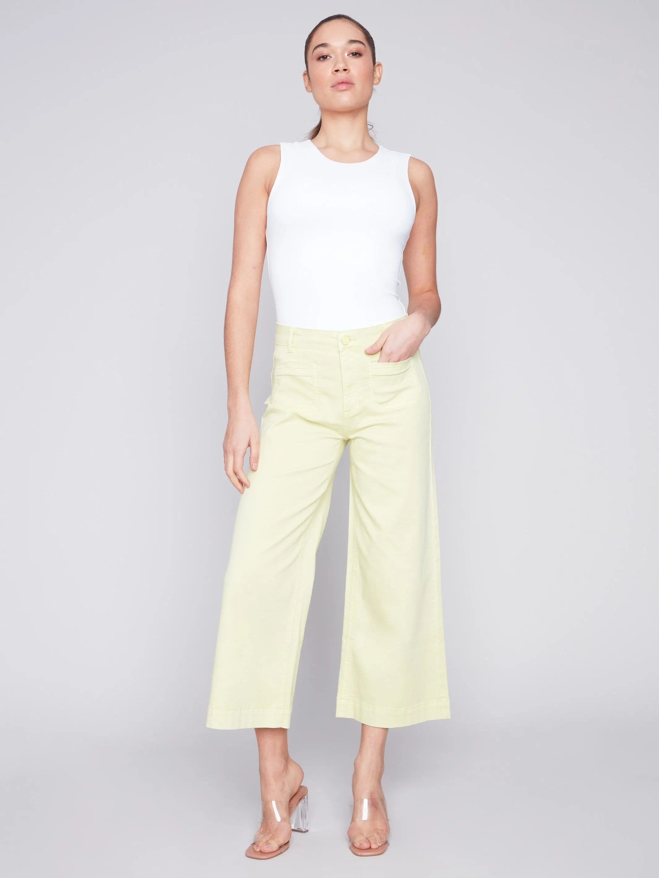 Cropped Wide Leg Twill Pants - Anise