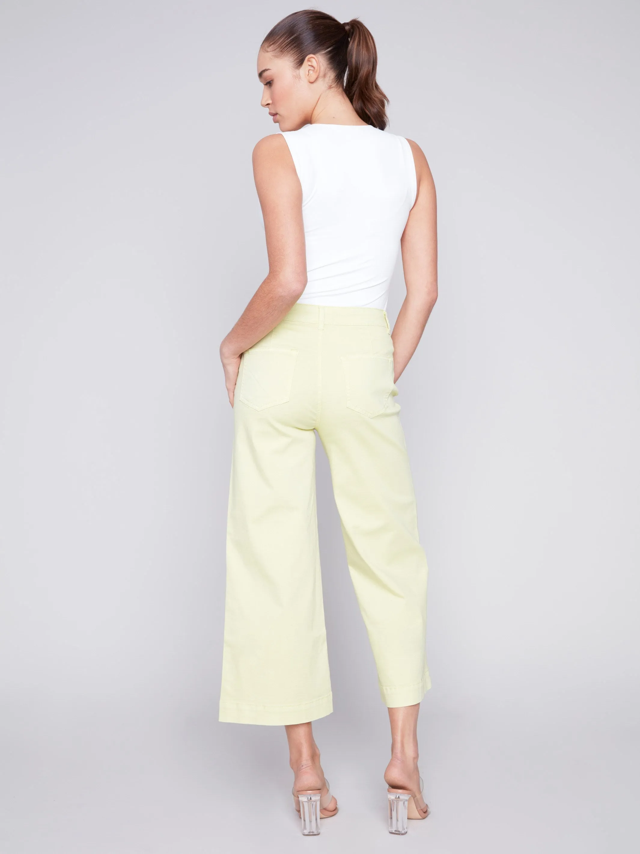 Cropped Wide Leg Twill Pants - Anise