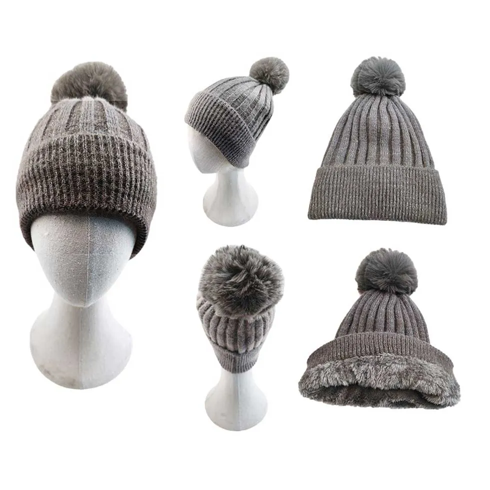 Fleece Lining Pom Pom Beanie Hat