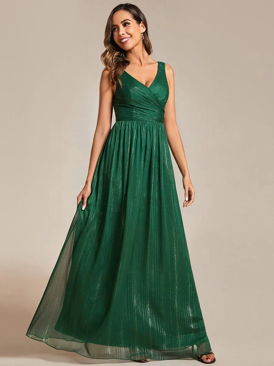 Floor Length V-Neck Sleeveless Glitter A-Line Evening Formal Dress