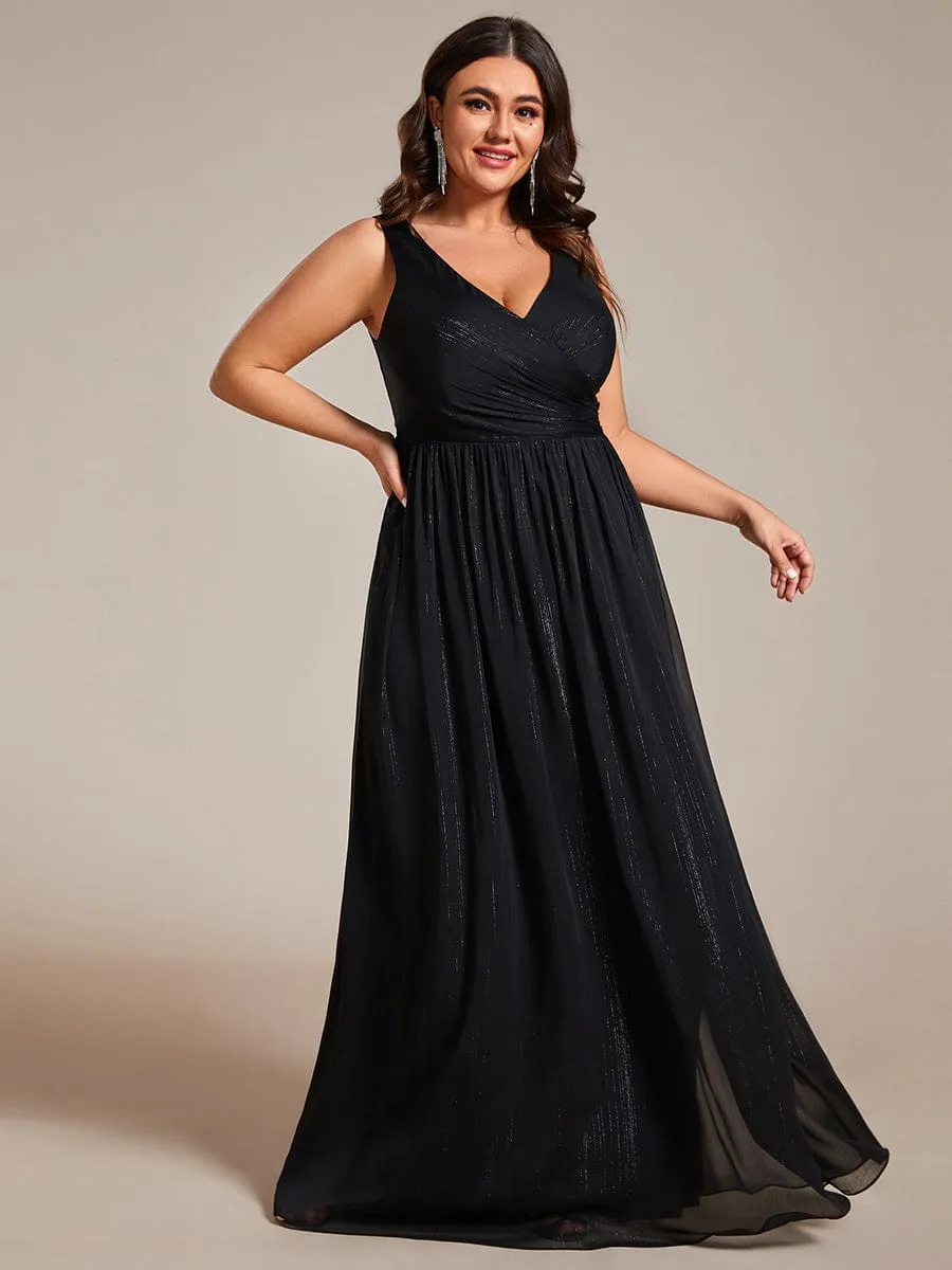 Floor Length V-Neck Sleeveless Glitter A-Line Evening Formal Dress