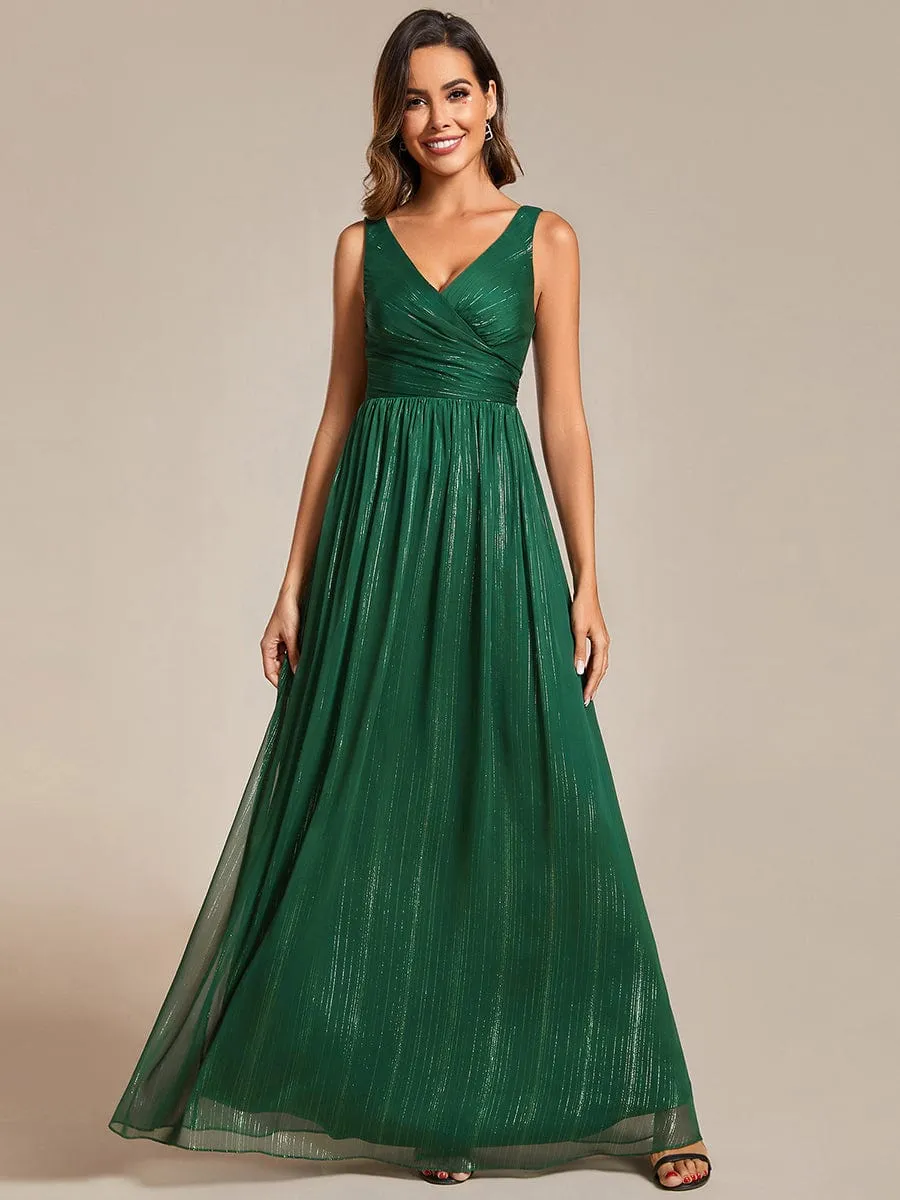 Floor Length V-Neck Sleeveless Glitter A-Line Evening Formal Dress