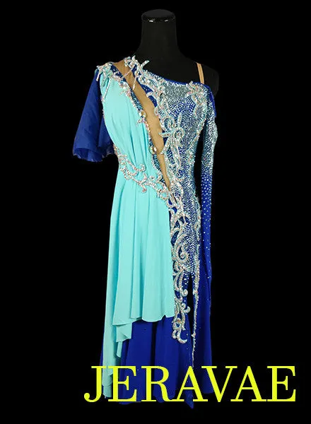 Heavily Stoned Blue Sash Latin Rhythm Dress With Lace Detail and Full Skirt LAT038 sz Large