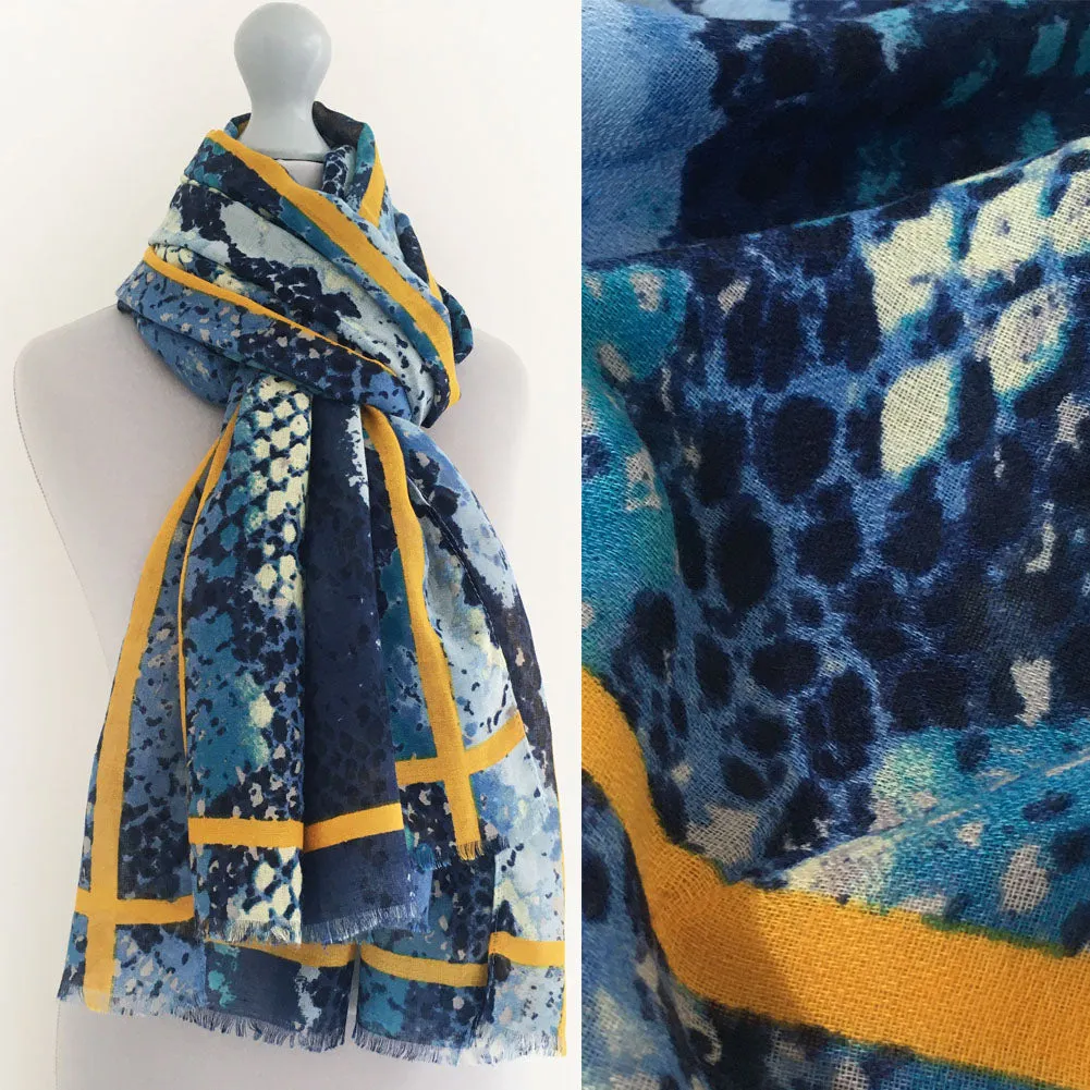 LARGE BLUE SNAKESKIN PRINT SHAWL SCARF WITH STRIPE