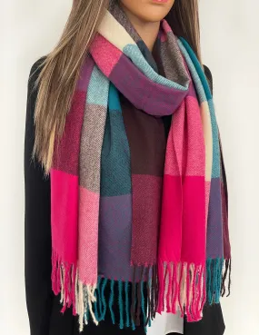 LONG FUCHSIA TEAL WOOL MIX CHECKED TARTAN SCARF