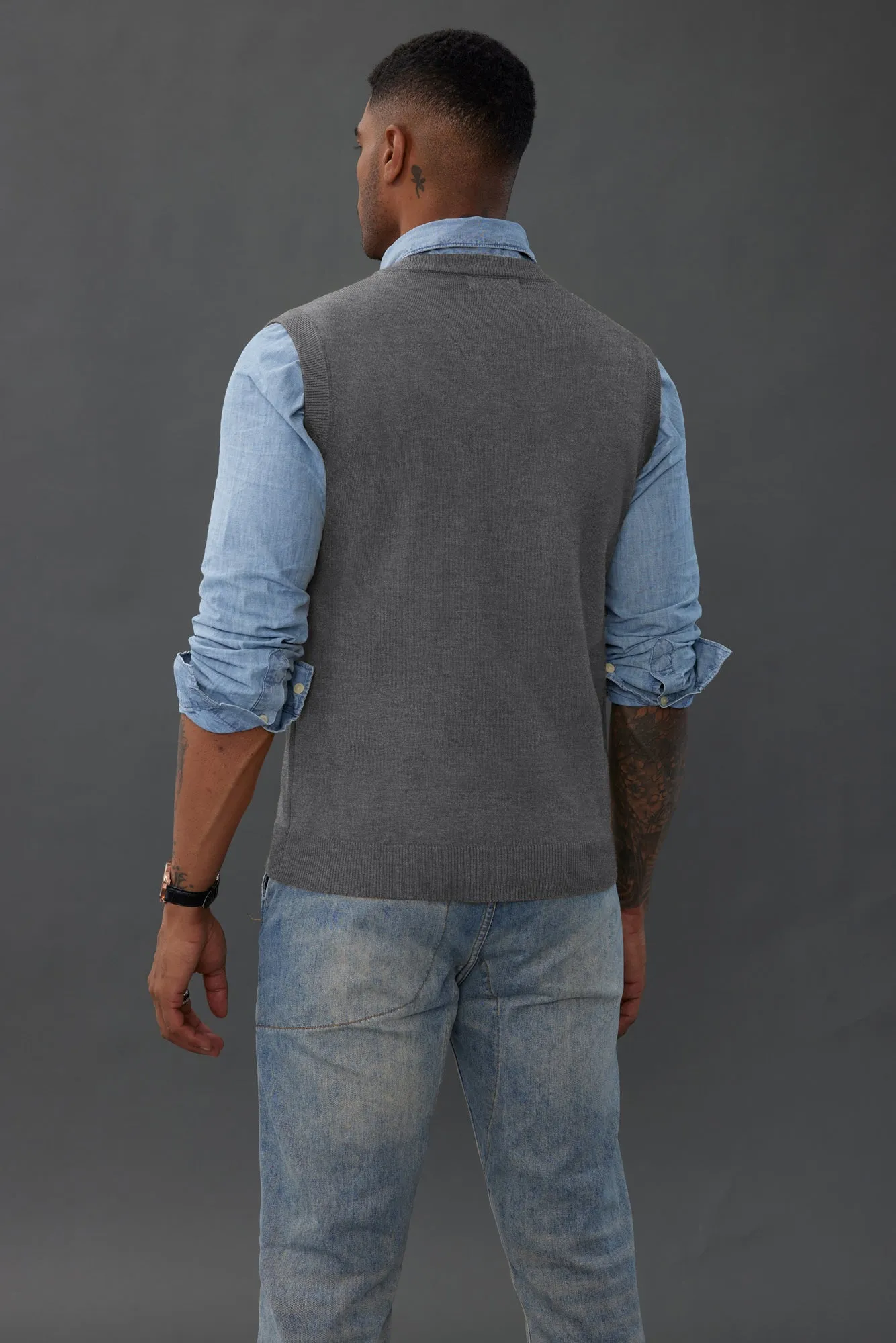 Mens V-Neck Knitted Sweater Vest Solid Plain Sleeveless Pullover Knitwears