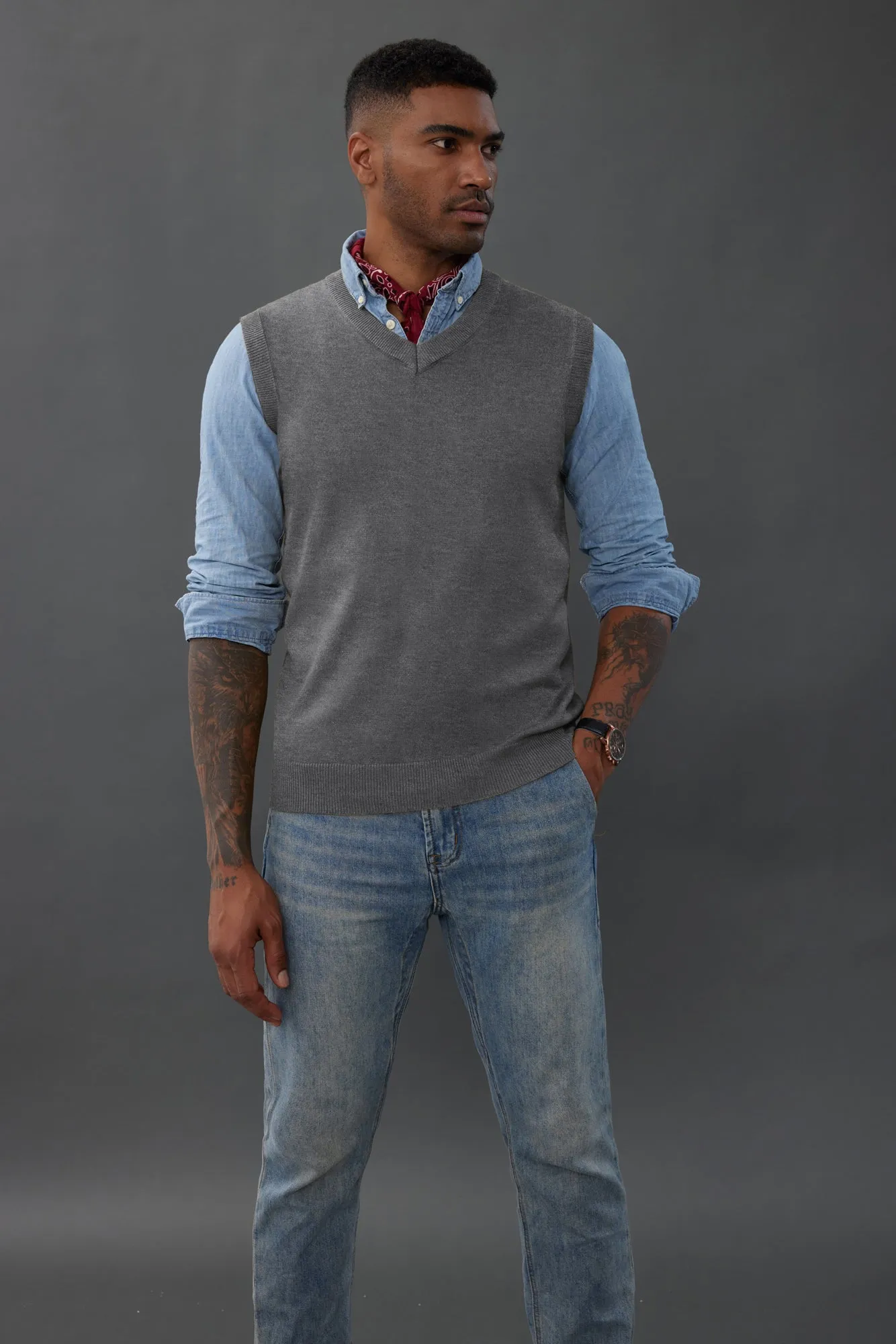 Mens V-Neck Knitted Sweater Vest Solid Plain Sleeveless Pullover Knitwears