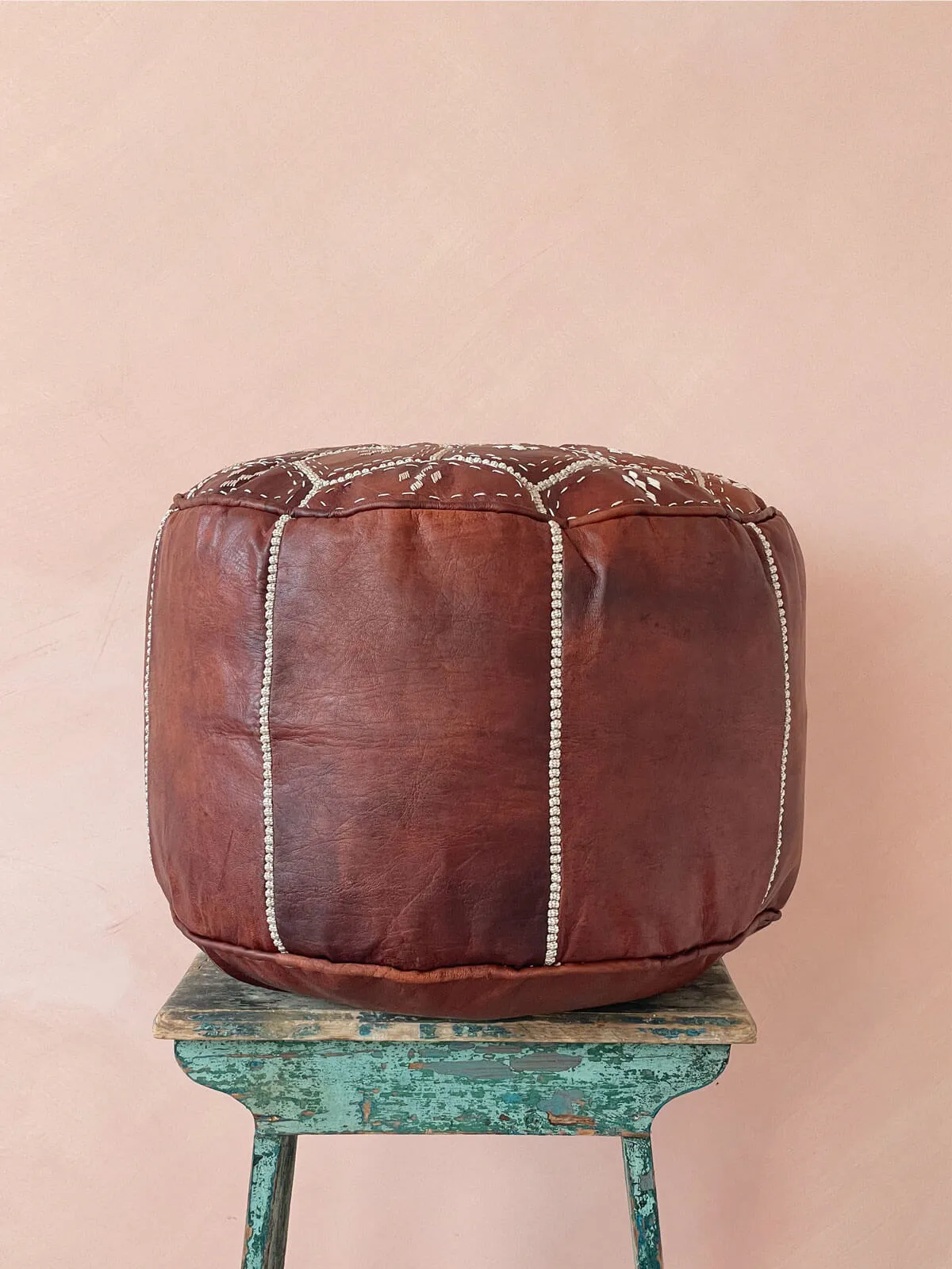 Moroccan Leather Tile Pouffe, Chestnut