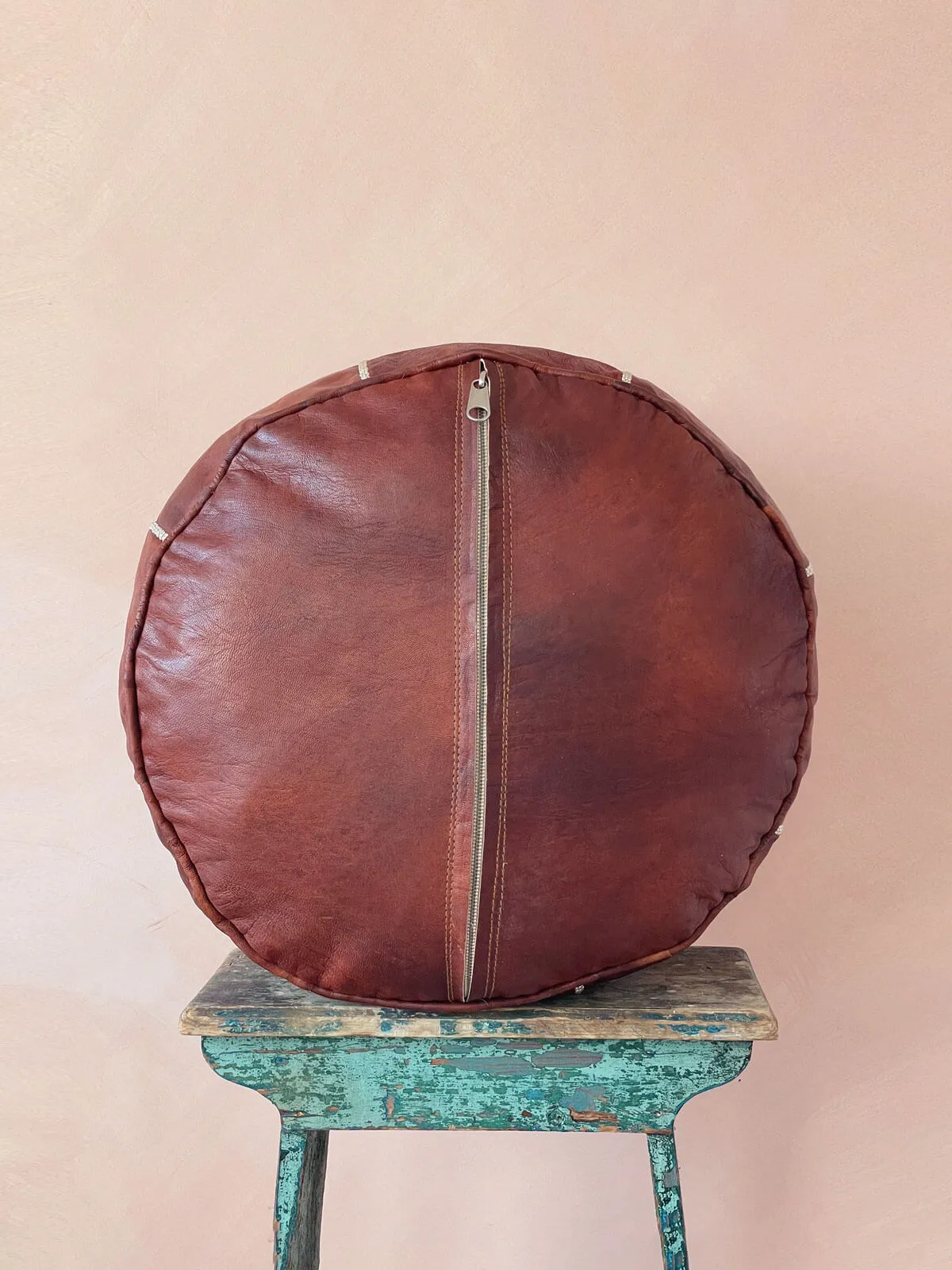 Moroccan Leather Tile Pouffe, Chestnut