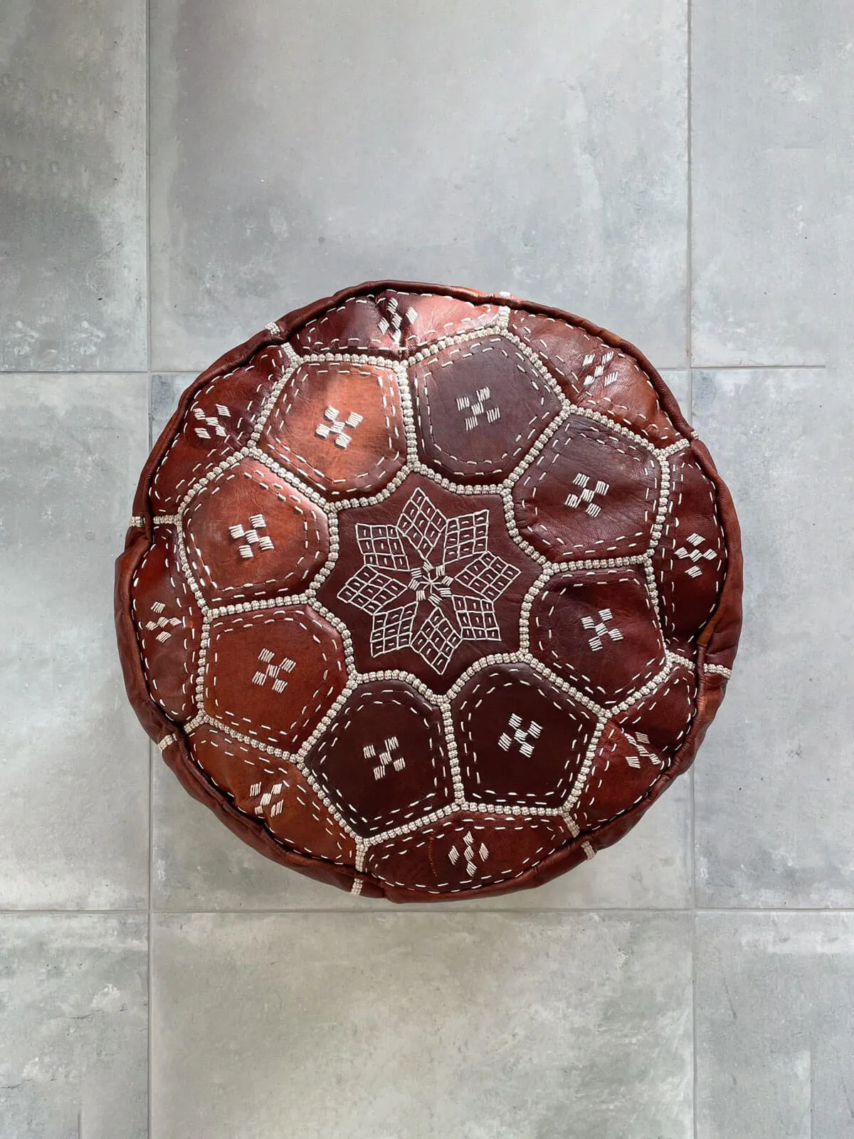 Moroccan Leather Tile Pouffe, Chestnut