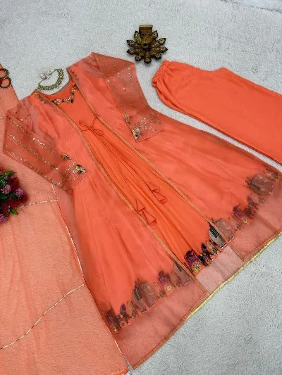 Orange Georgette Designer Suit With Organza Shrug