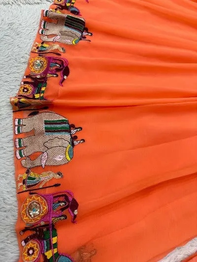 Orange Georgette Designer Suit With Organza Shrug