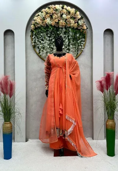 Orange Georgette Designer Suit With Organza Shrug