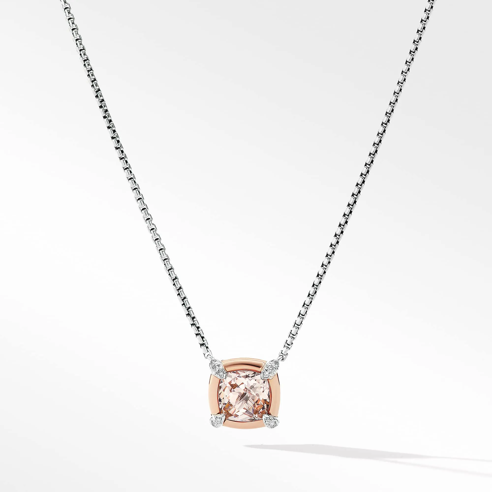 Petite Chatelaine Morganite Pendant Necklace 18K Rose Gold Bezel and Pave Diamonds